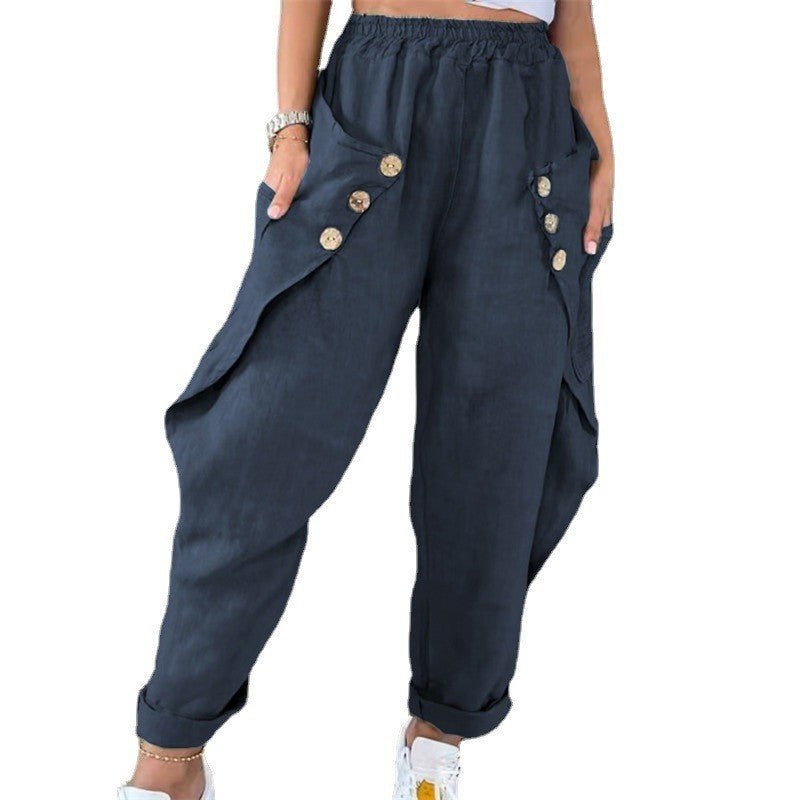 Dame Casual Cargo Bukser med Knapdetaljer og Bred Snit Stilla