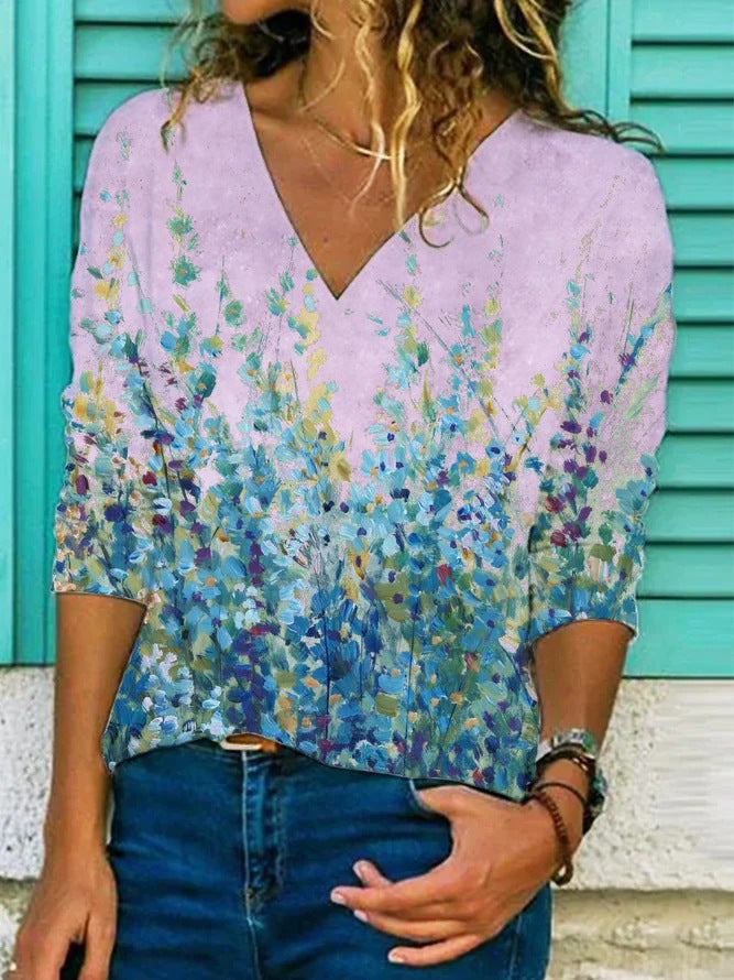Stilla | Fashionable Print V Hals Langærmet T-shirt