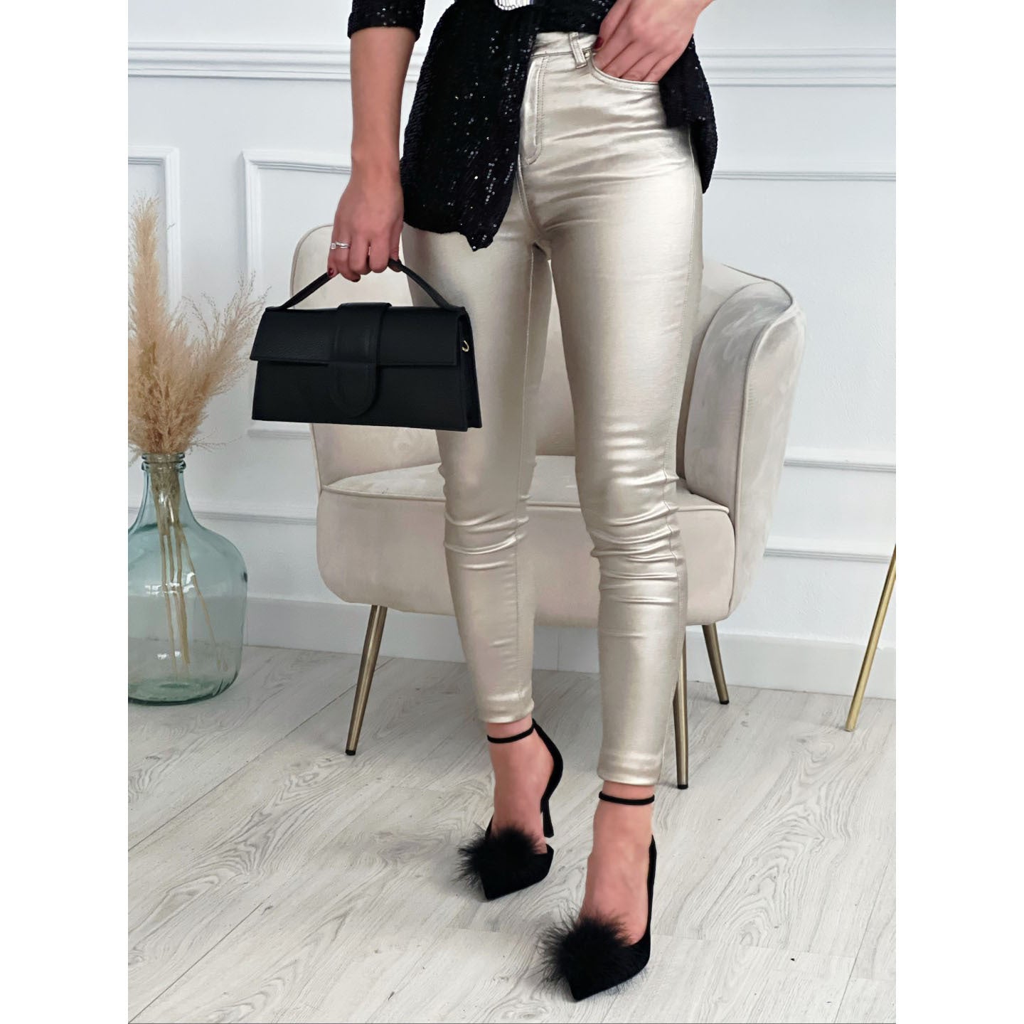 Dame Stretch-Leggings med blank finish og høj talje Stiila