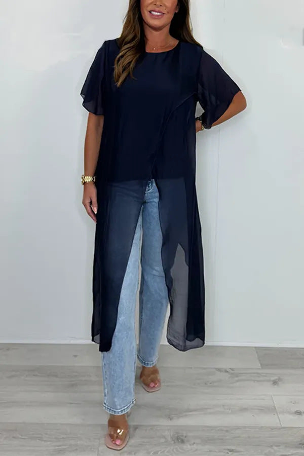 Dame afslappet lang skjorte med gennemsigtig overlay og løs pasform Stilla