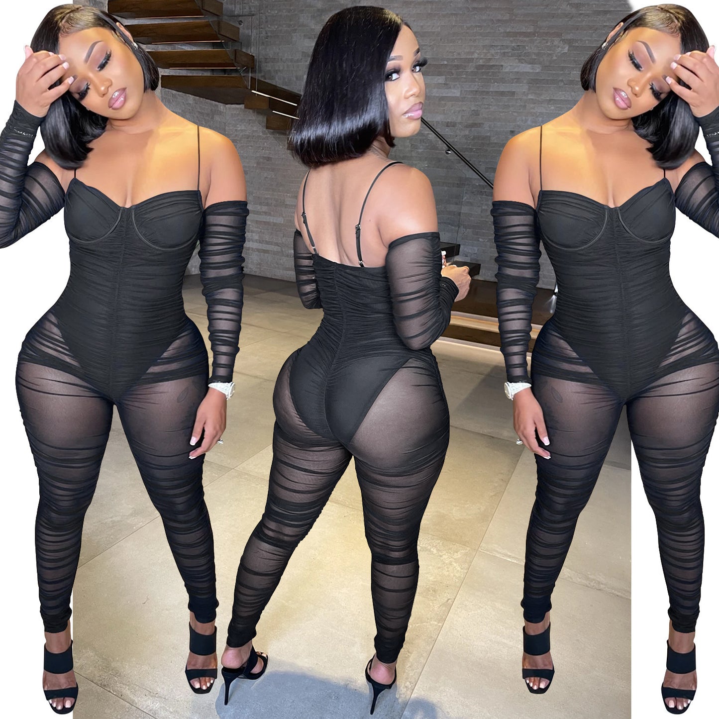 Dame elegant tætsiddende jumpsuit med gennemsigtige detaljer og lange ærmer Stilla