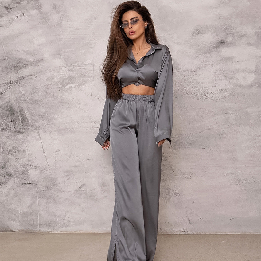 Dame Satin Jumpsuit-Sæt med afslappet elegance og bredt ben Stilla