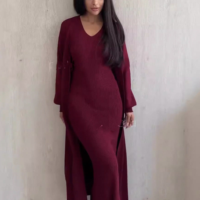 Dame Rippstrik Midi Kjole med elegant Cardigan Stilla