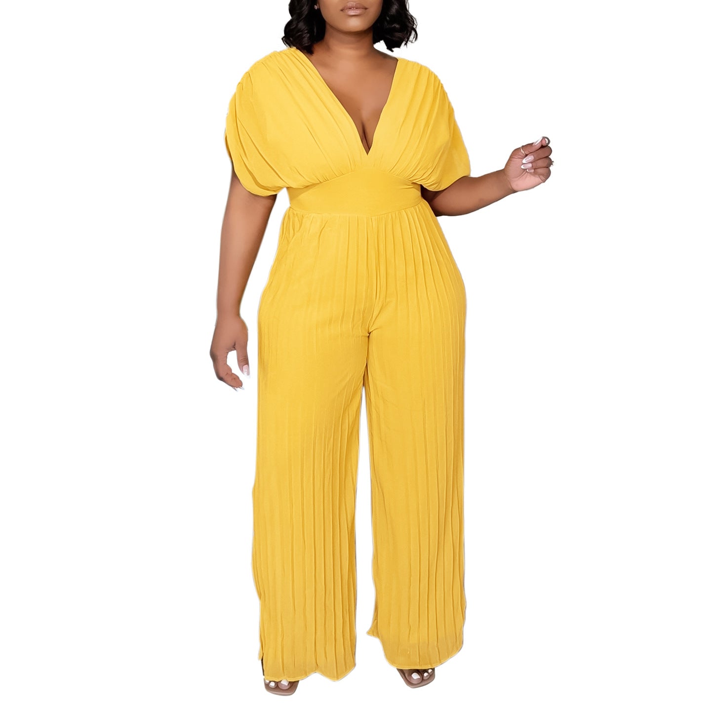 Dame Elegant Plisseret Jumpsuit med dyb V-udskæring og brede ærmer Stilla