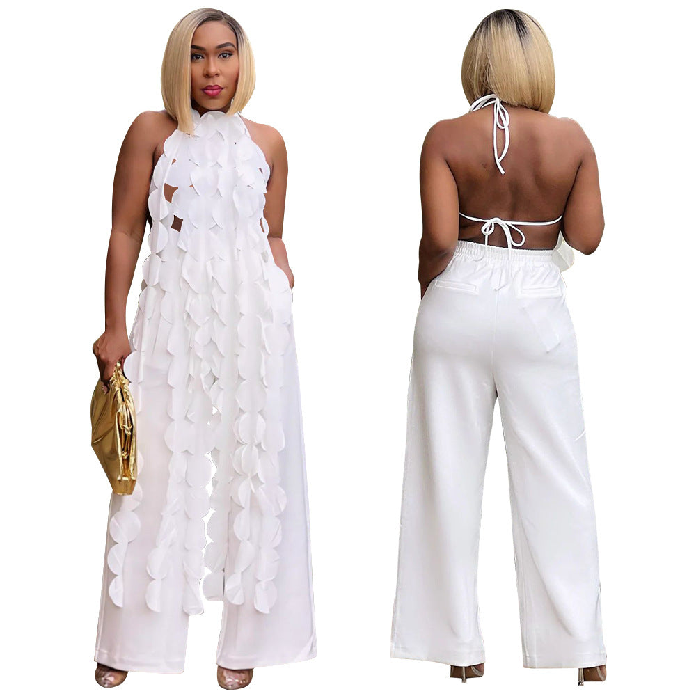 Damer mode Halterneck-jumpsuit med frynset design og lommer Stilla