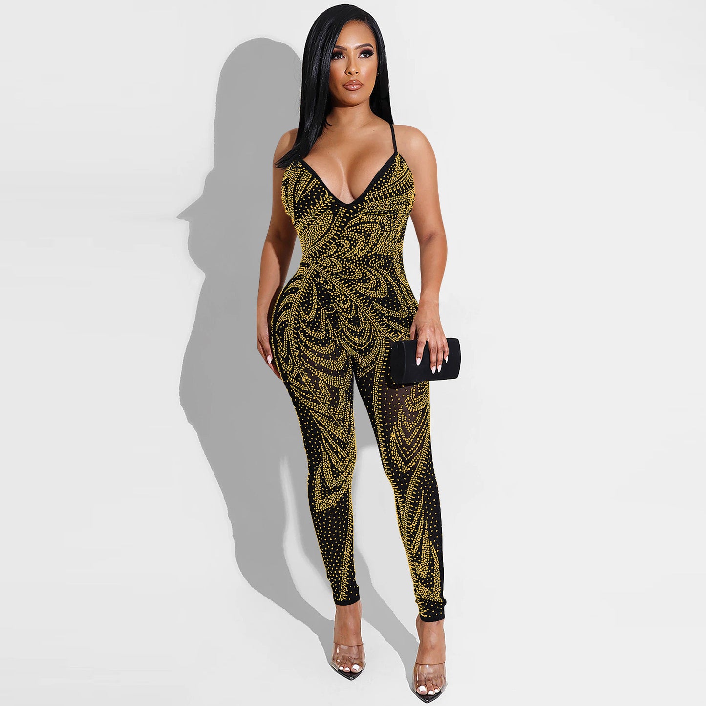 Dame Funklende Jumpsuit med gennemsigtigt design og luksuriøse rhinestones dekorationer Stilla