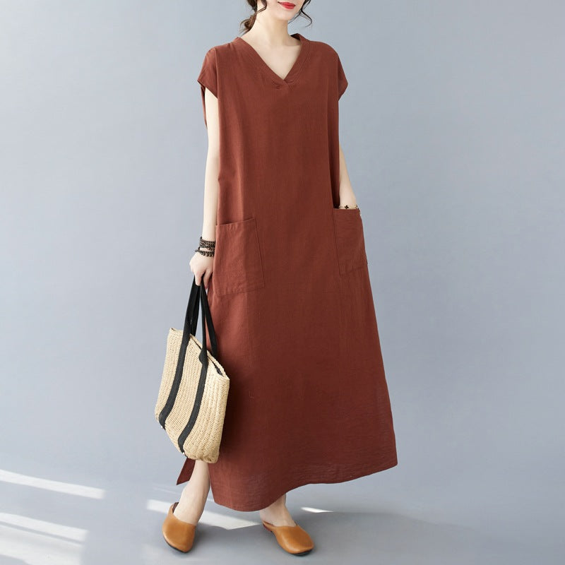 Dame afslappet maxikjole med V-udskæring og praktiske lommer Stilla