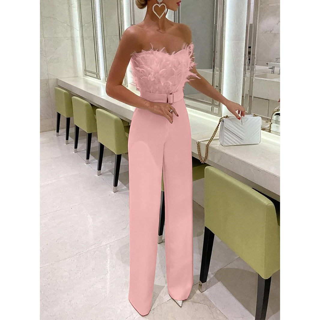 Dame Elegant Jumpsuit med Fjer og Taljemateriale Stilla