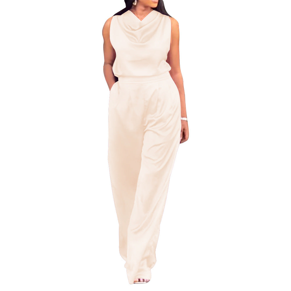 Dame Elegante Satin Jumpsuit med høj kvalitets snit og asymmetrisk design Stilla
