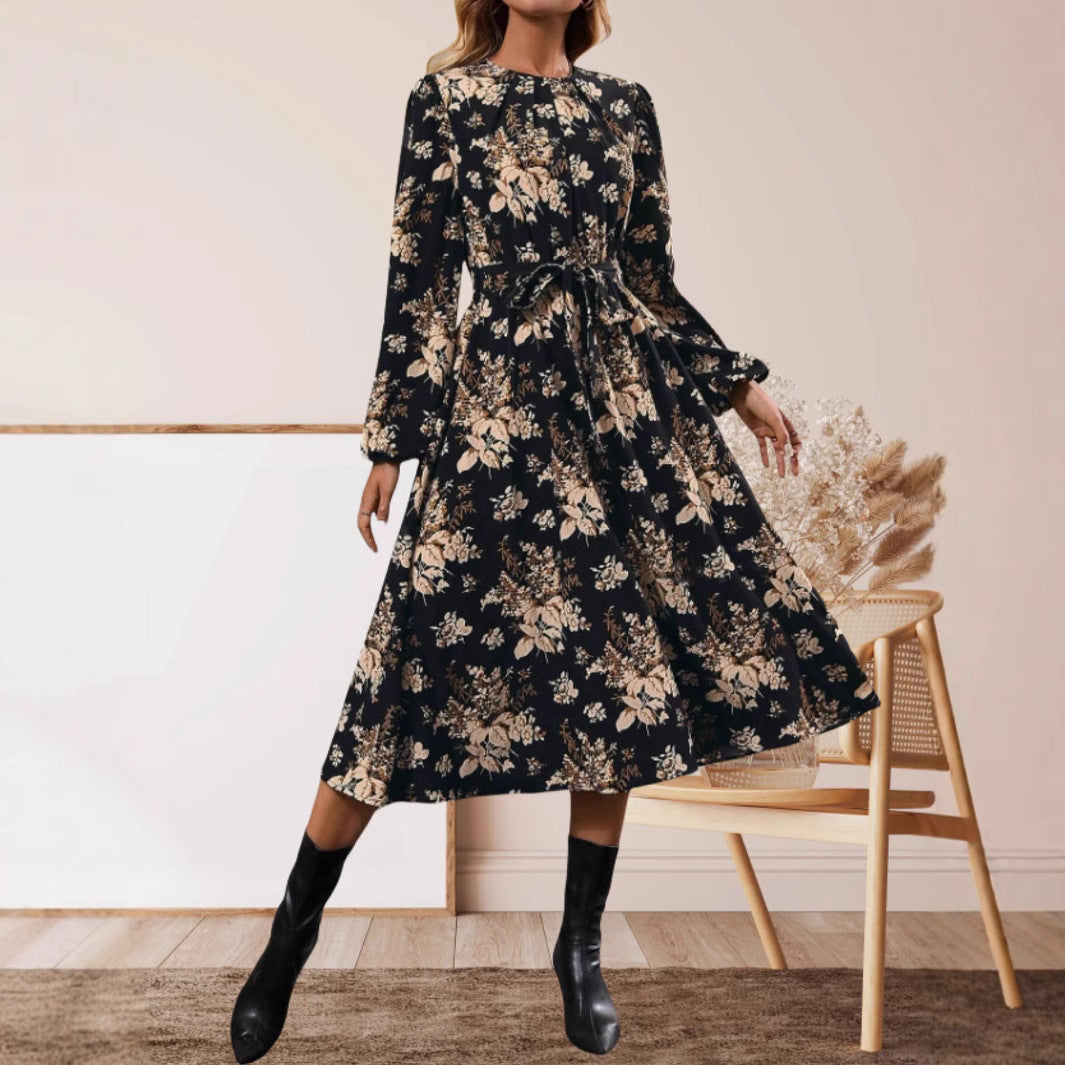 Dame Midi-Kjole med elegant blomstertryk og justerbar talje Stilla