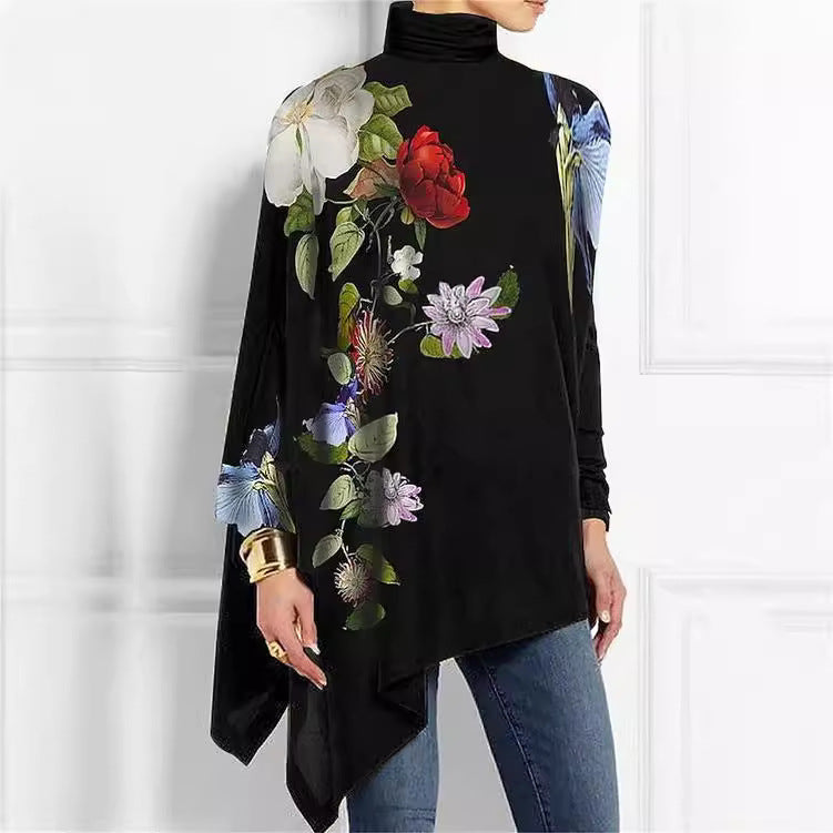 Dame elegant tunika overdel med floralt design og asymmetrisk snit Stilla