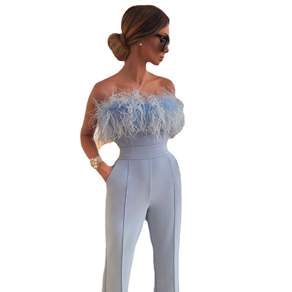 Dame Elegant Jumpsuit med aftagelige fjer detaljer og tætsiddende pasform Stilla
