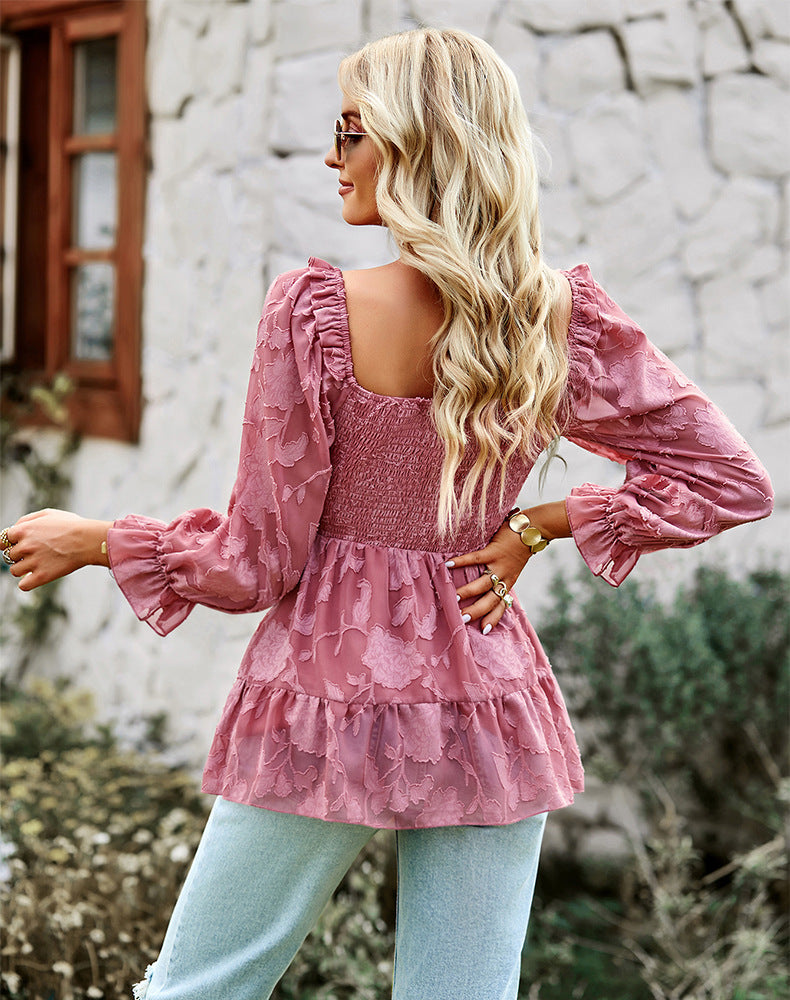 Stilla | Elegant U Hals Langærmet Blonde Top Bluse