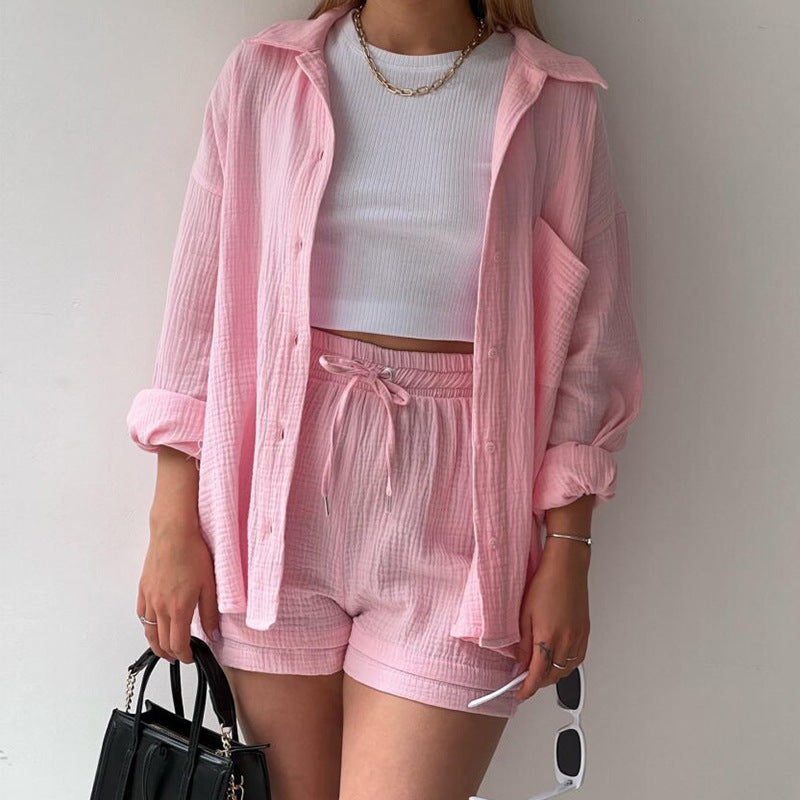 Dame afslappet top og shorts-sæt med knapdetaljer Stilla