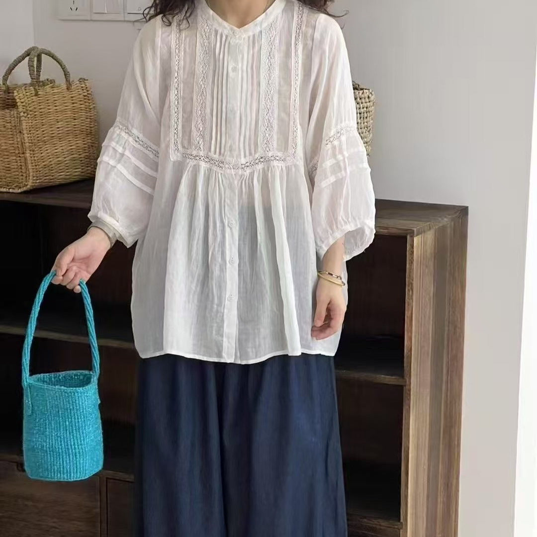 Dame Button-Up Bohemian Bluse med Blonde Stilla