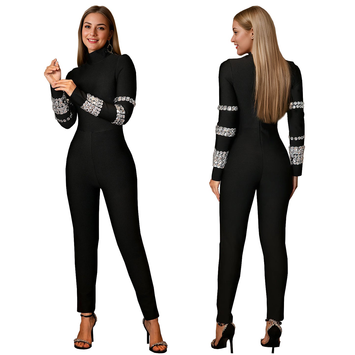 Dame Elegant Bodycon-jumpsuit med glitrende strassdekorationer og højhalset krave Stilla