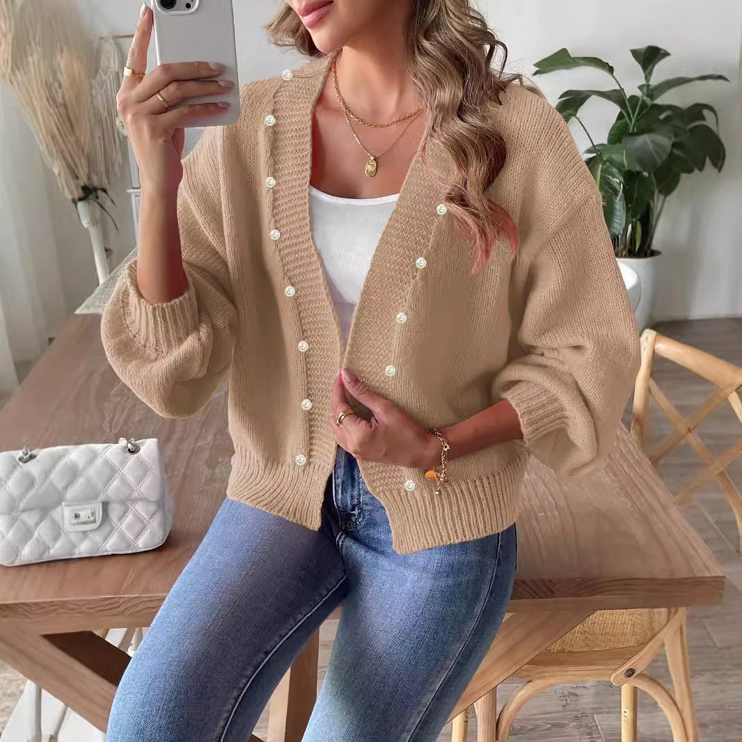 Dame cardigan med perledetaljer og afslappet snit Stilla