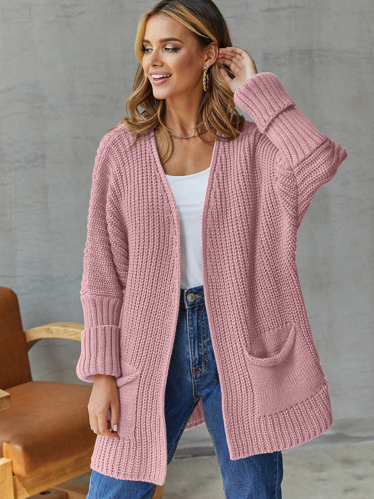 Femme Struktureret Åben Strikcardigan med Lomme detaljer Stilla