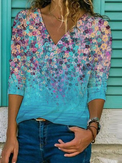 Stilla | Fashionable Print V Hals Langærmet T-shirt
