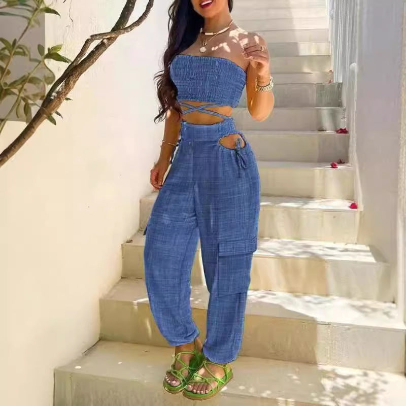 Dame afslappet sæt med crop top og high-waist cargo bukser Stilla