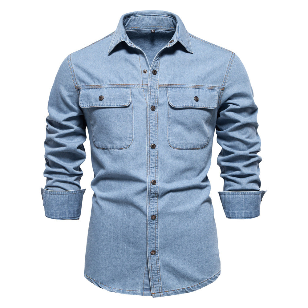 Herren denim skjorte med struktureret stof og praktiske brystlommer Stilla