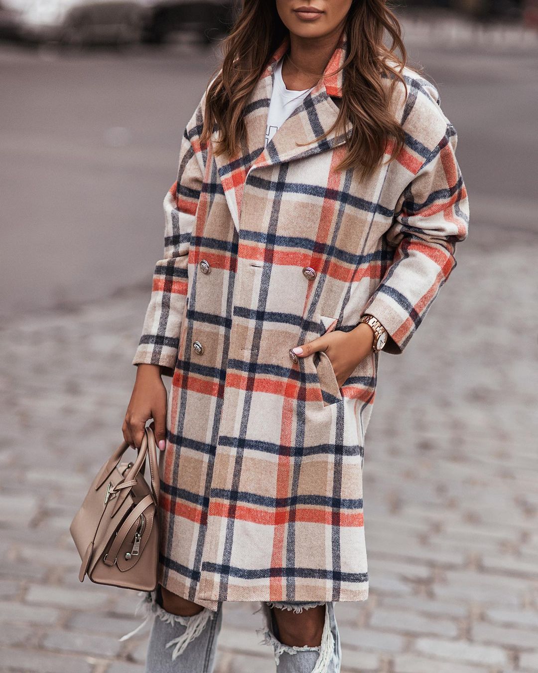 Dame oversized ternet frakke med dobbelt knaplukning og dybe lommer Stilla