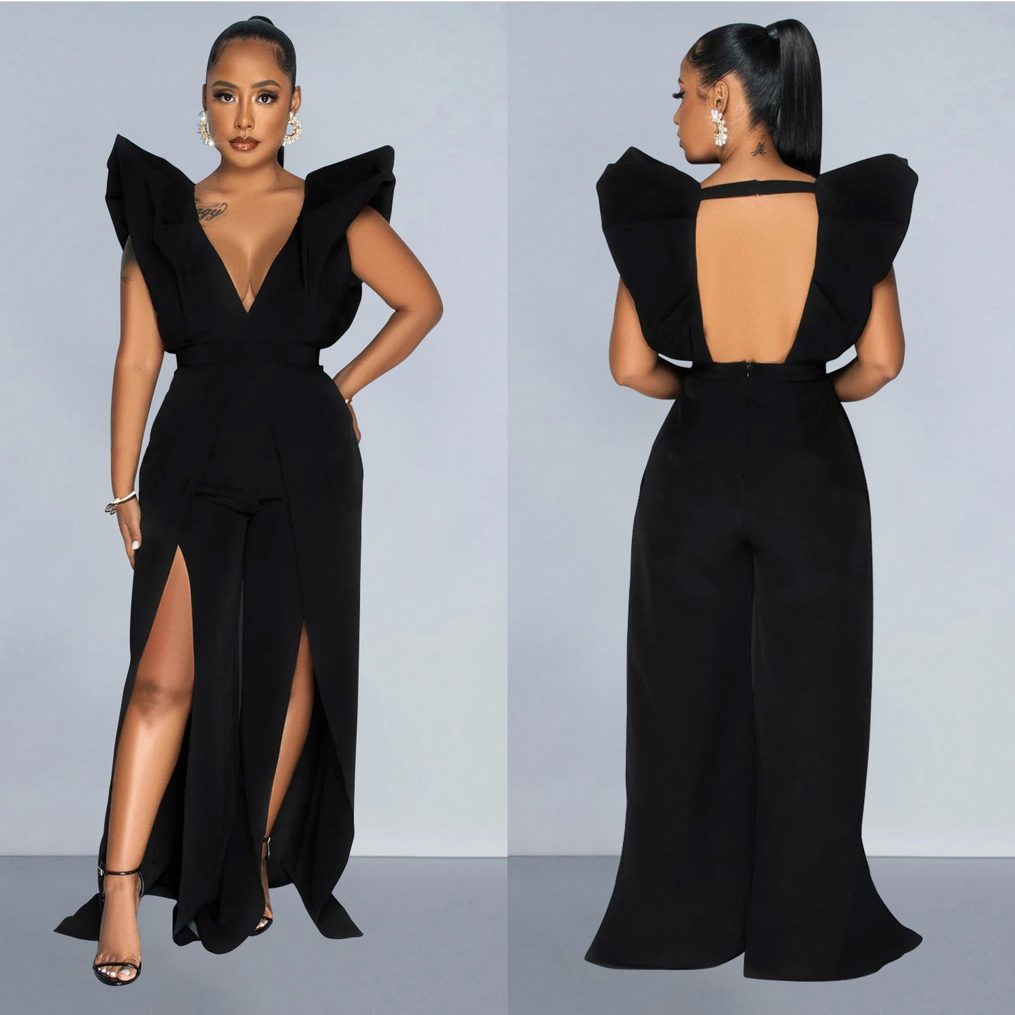 Dame Elegant Jumpsuit med Flæseærmer og dyb Udsnit Stilla