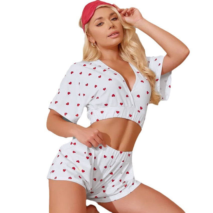 Dame cropped overdel og shorts sæt med hjerte-motiver Stilla