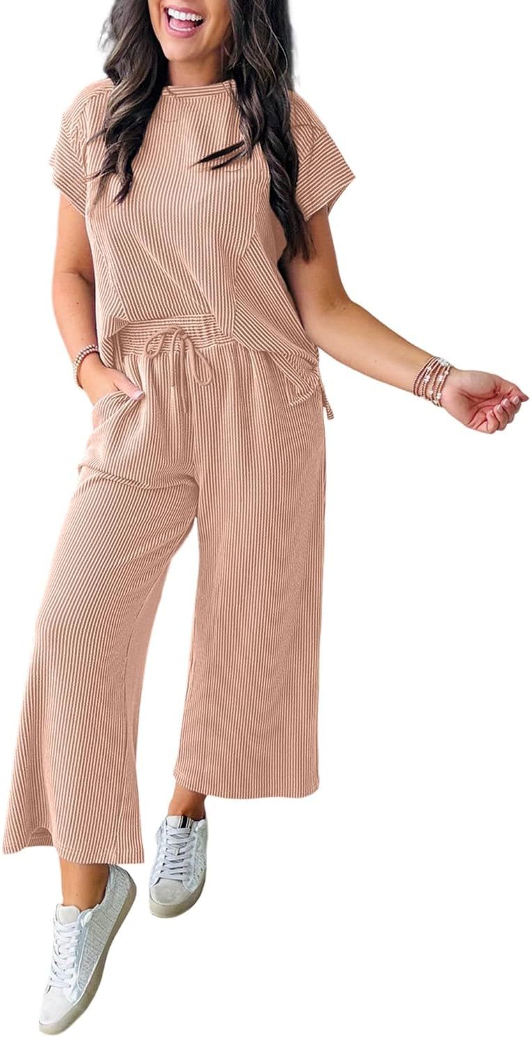 Dame afslappet strik-jumpsuit med brede ben og elastisk talje Stilla