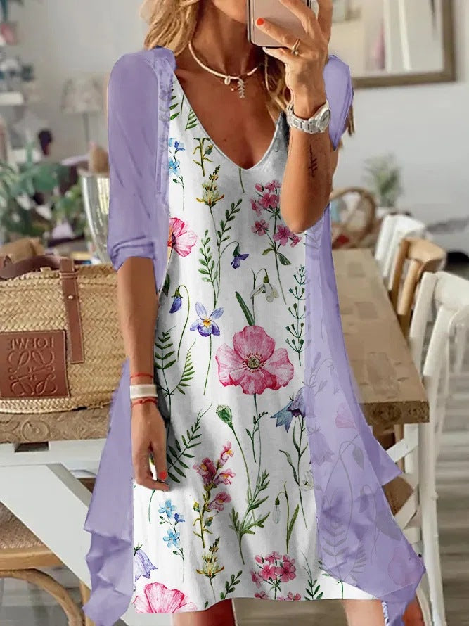 Dame sommerkjole med blomsterdesign og smart cardigan Stilla