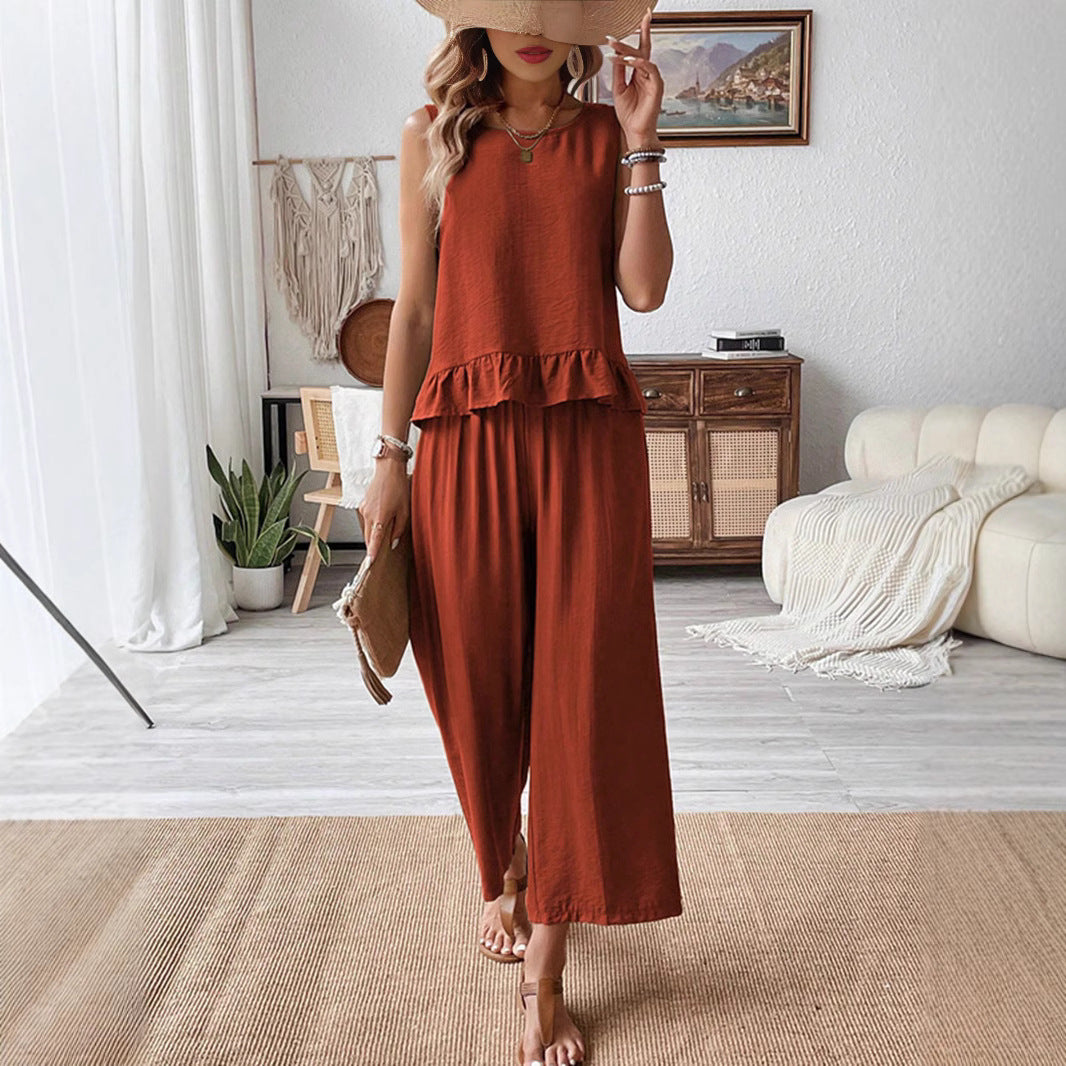 Dame Rüschløs Ærmeløs Jumpsuit Sæt Stilla