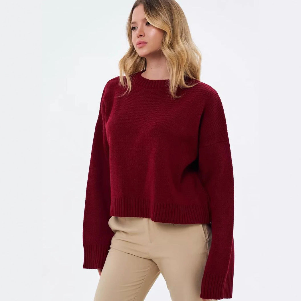 Dame hyggelig cropped sweater med afslappede ballonærmer og ribstruktur Stilla