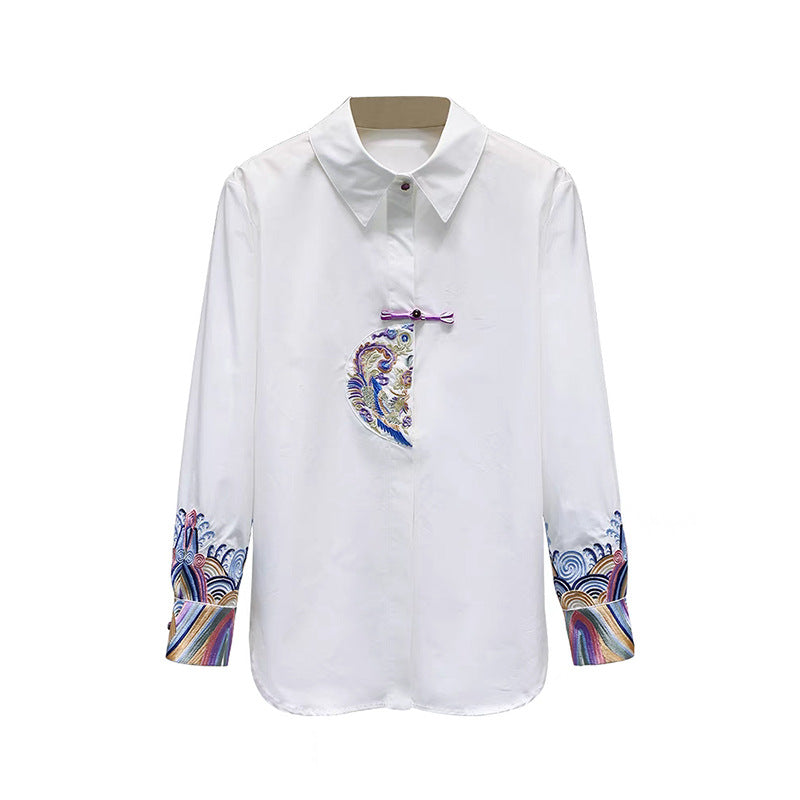 Dame eksklusiv langærmet bluse med kunstnerisk broderedesign og moderne accenter Stilla