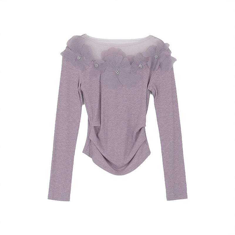 Dame elegant blouse med blomsterlignende spidskant og gennemsigtig krave Stilla