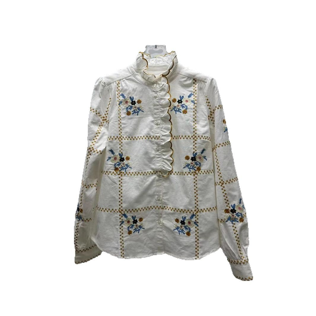 Dame elegant bluse med markante broderier og flæsekant Stilla