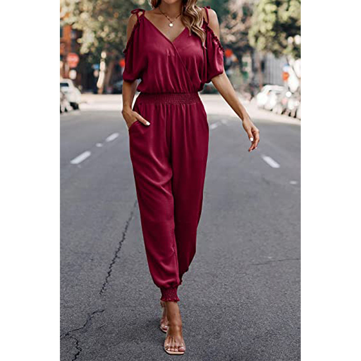 Damer Elegant Jumpsuit med skulderfrihed og smalle ben Stilla