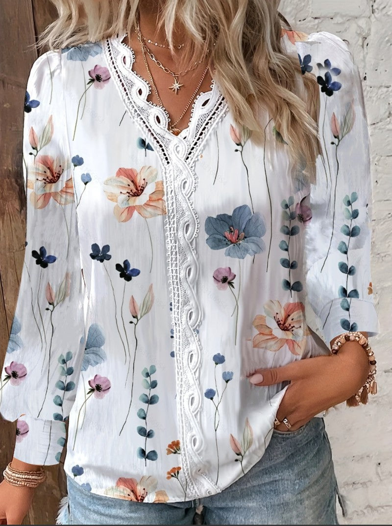 Dame elegant bluse med blomster broderier og romantisk hæklede detaljer Stilla