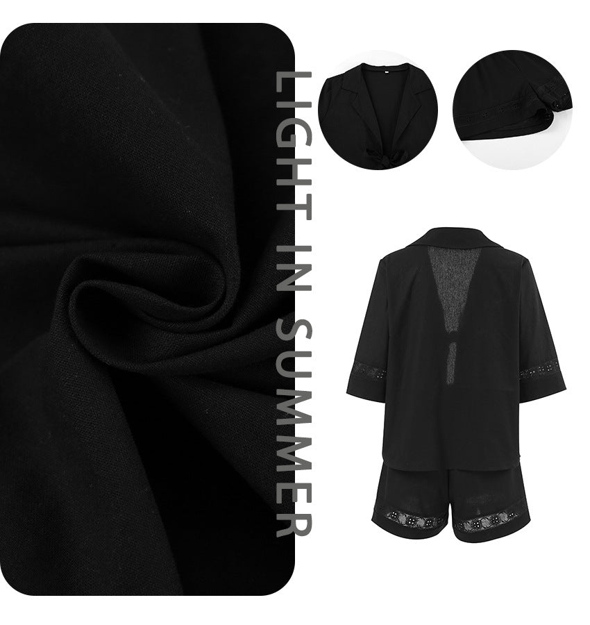 Dame afslappet linned overdel og shorts sæt med elastisk talje og dekorativt bindebælte Stilla