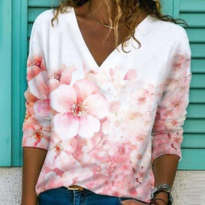 Stilla | Fashionable Print V Hals Langærmet T-shirt