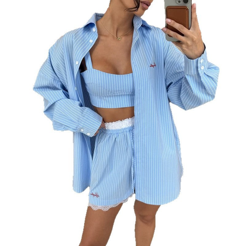 Dame afslappet lounge-sæt med stribet top og shorts Stilla