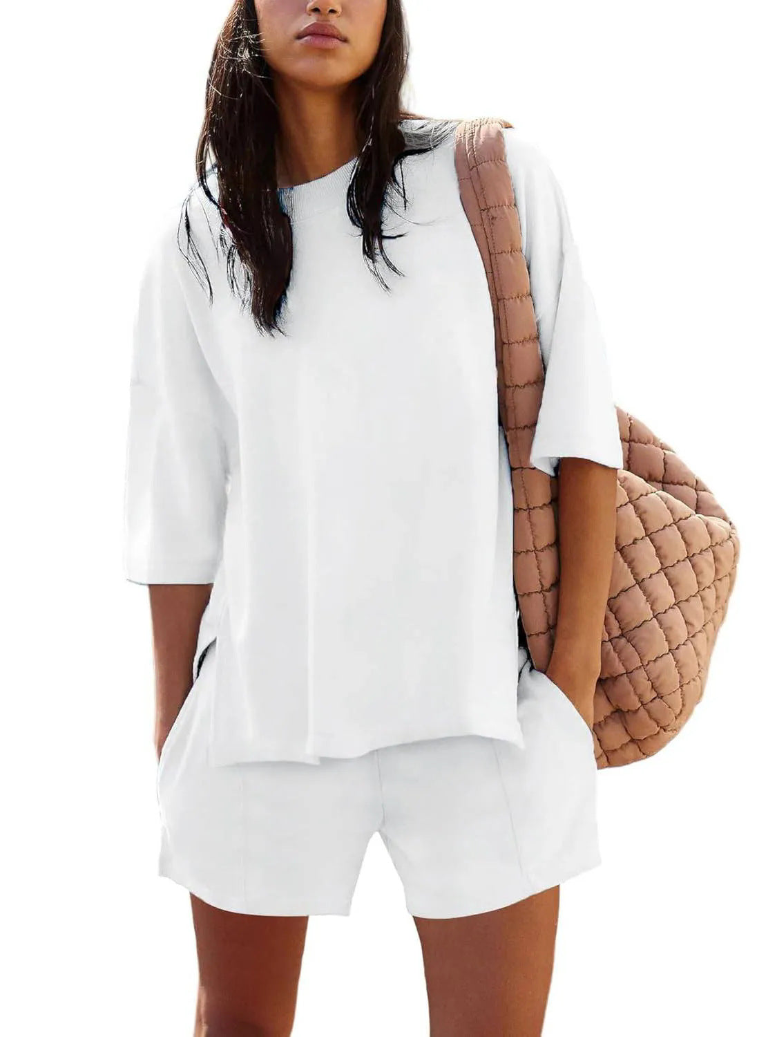 Dame afslappet kortærmet sæt med lommer og rund halsudskæring Stilla