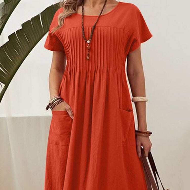 Dame afslappet midikjole med lommer og folder Stilla