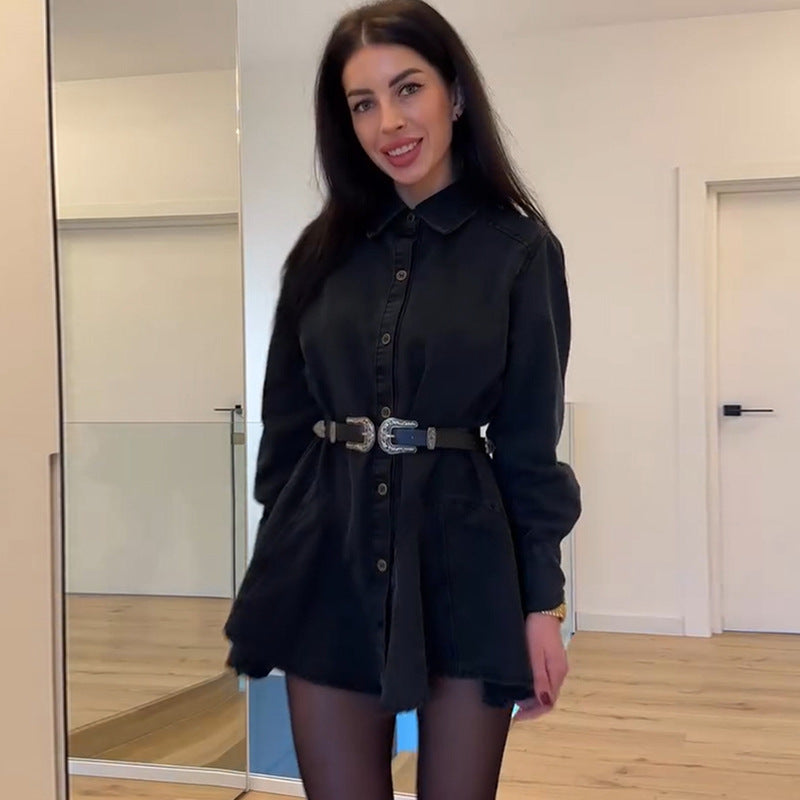 Dame jeans skjorte kjole med tætsiddende bælte og vidde svingende skirt Stilla