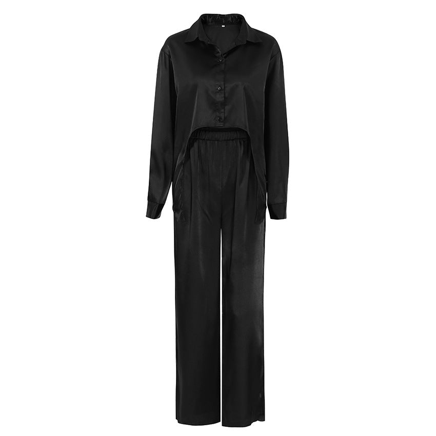Dame Satin Jumpsuit-Sæt med afslappet elegance og bredt ben Stilla