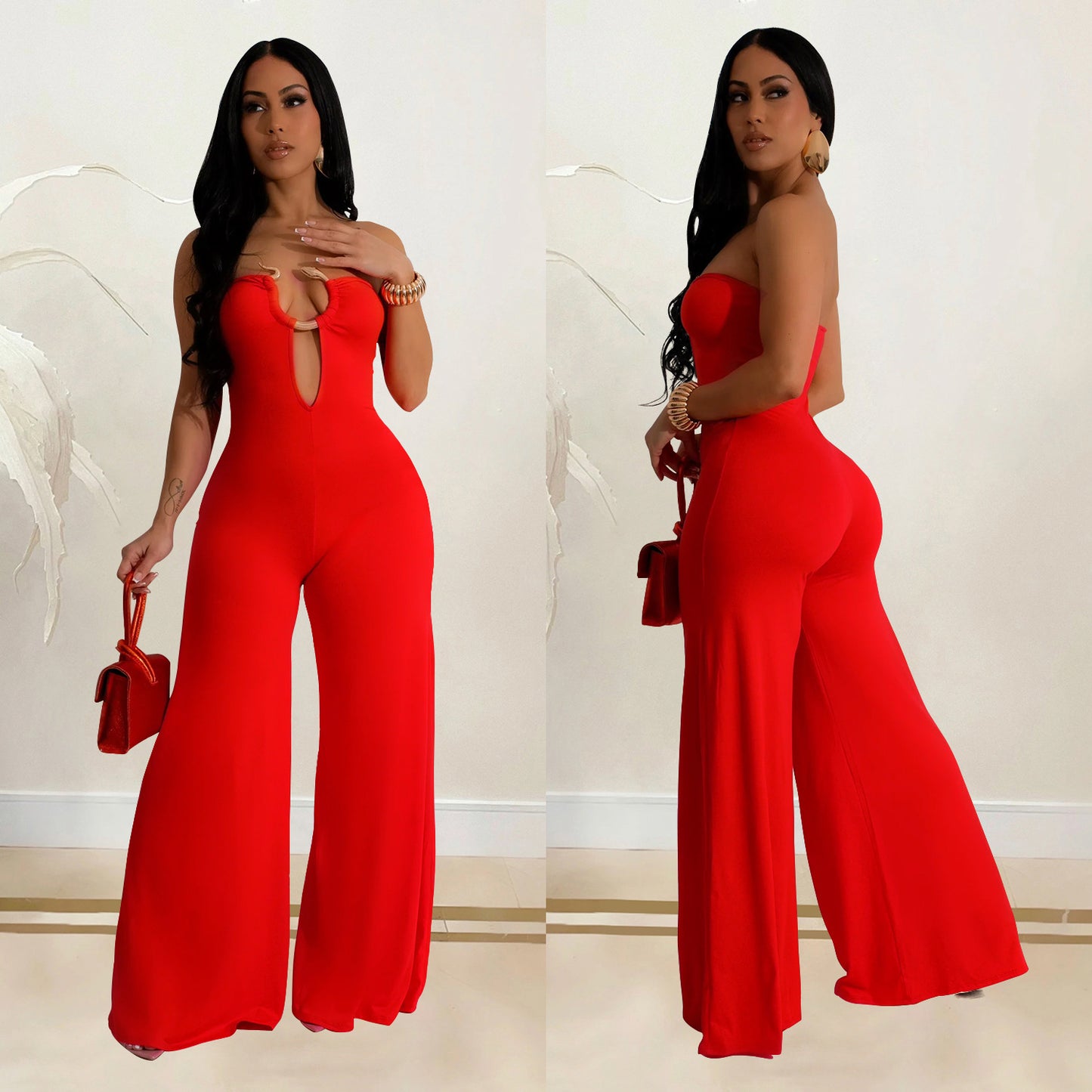 Dame Elegant Jumpsuit med skuldrene fri design og dyb split Stilla