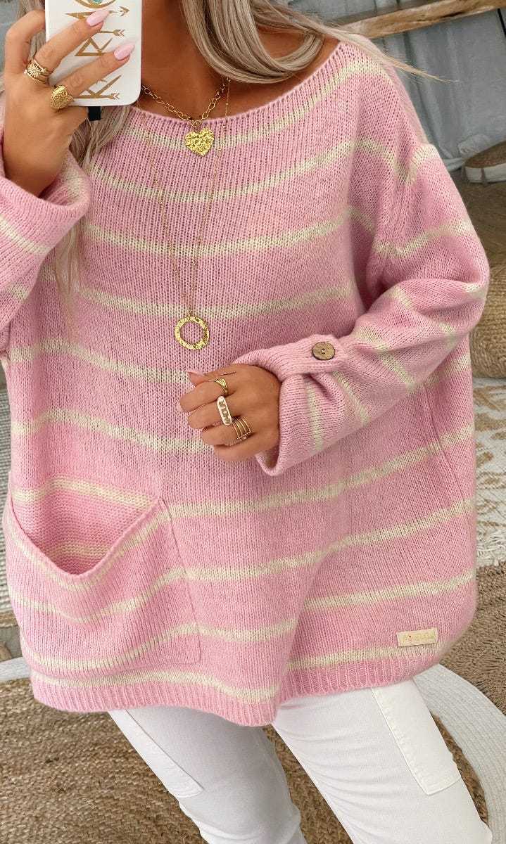 Dame Oversized Strikketrøje med elegante striber og praktiske lommer Stilla
