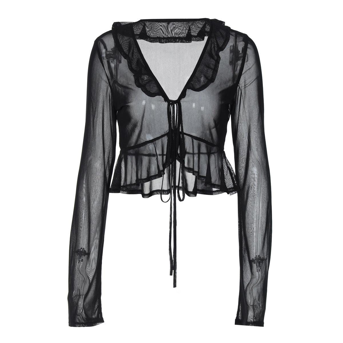 Dame Transparent Bluse med Ruffle detaljer og Snor Stilla