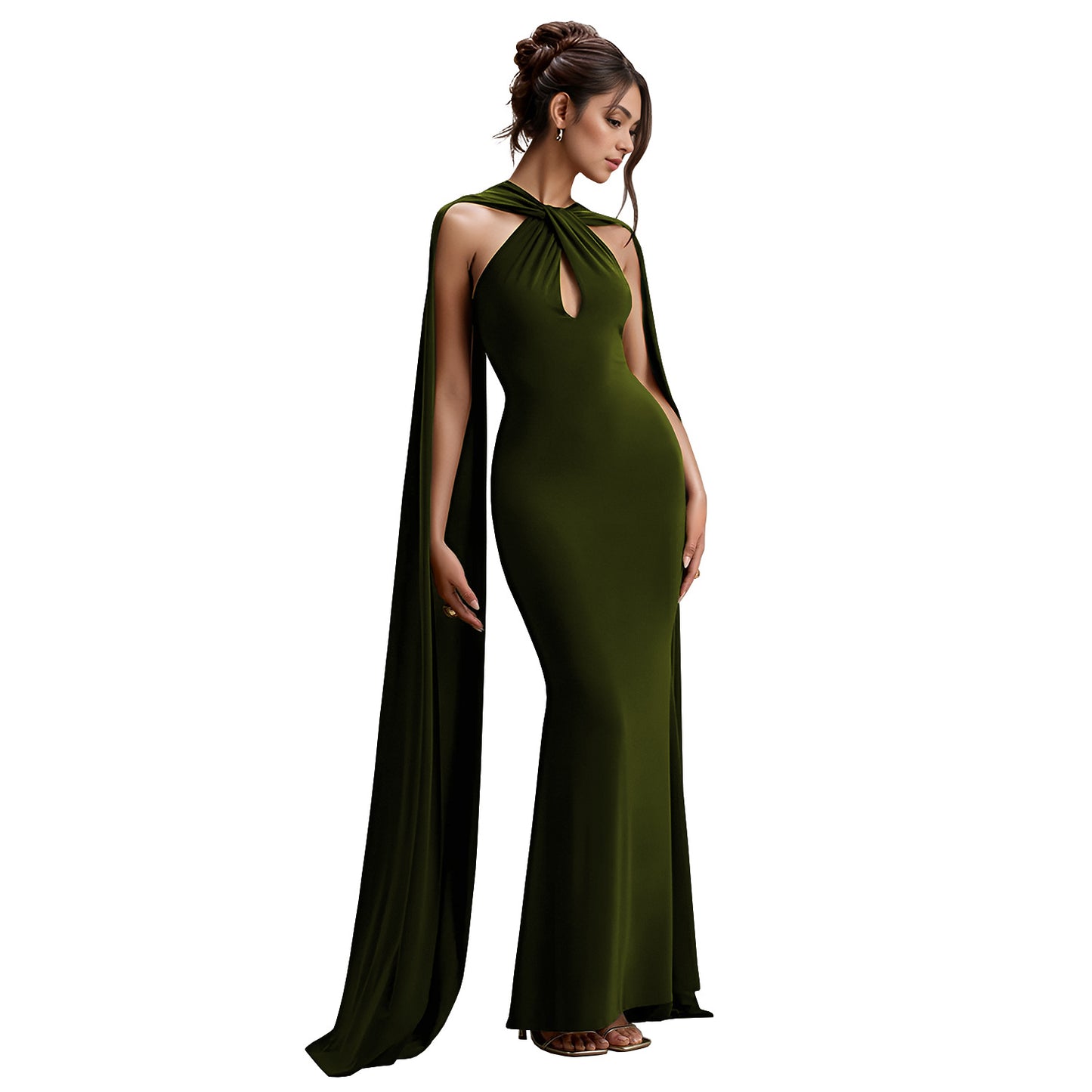 Dame elegant aftenkjole med dyb V-udskæring og flydende kappe Stilla