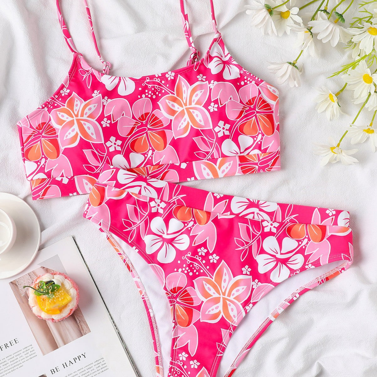 Dame Højtaljet Bikini-Sæt med blomster mønstre og sporty top Stilla