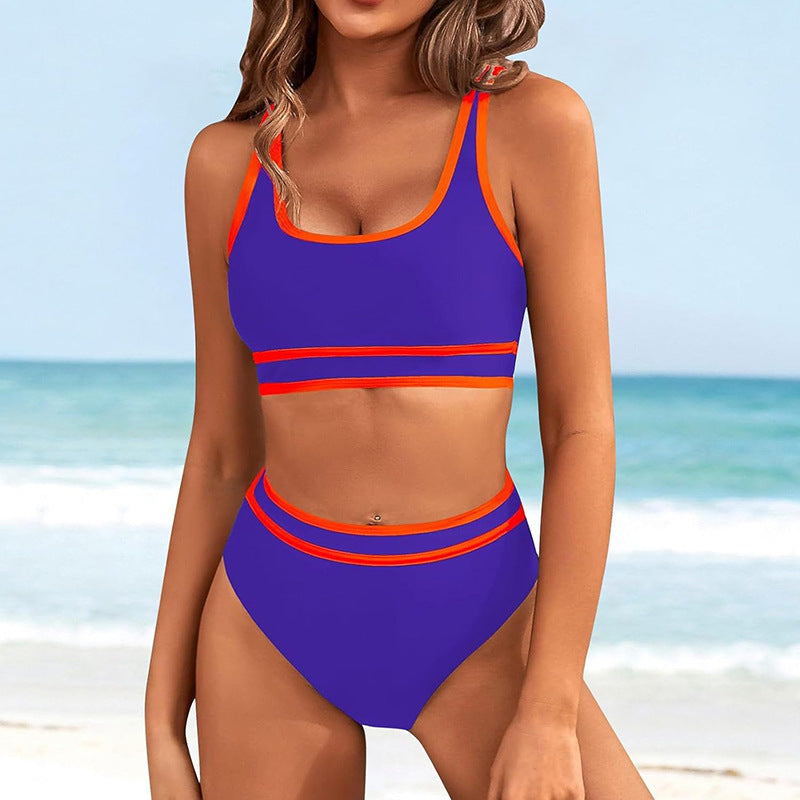 Dame Højtaljede Bikini-Sæt med sportslig Crop-Top og kontrasterende Ærmelydetails Stilla